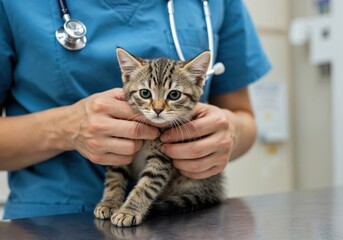 A Kitten at the Vet: A veterinary professional gently cradles a charming striped kitten during a checkup, surrounded by sterile, light-filled examination room.