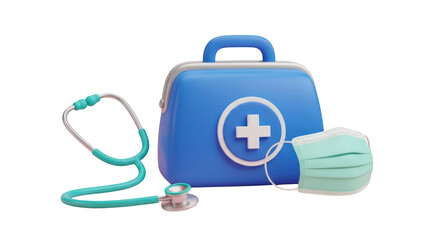 Obraz premium Blue medical kit with stethoscope and face mask isolated on a transparent background first aid