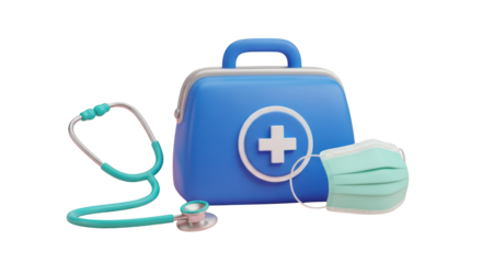 Blue medical kit with stethoscope and face mask isolated on a transparent background first aid