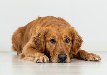 Obraz premium Loyal Companion's Gentle Gaze: A Golden Retriever, its fur gleaming in the soft light, rests calmly, its eyes exuding a calm, gentle spirit.