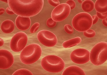Red Blood Cells: A mesmerizing microscopic view reveals a multitude of vibrant red blood cells, essential components of human biology, flowing within a circulatory system.