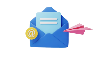 Blue open envelope with email symbol and pink paper airplane isolated on a transparent background