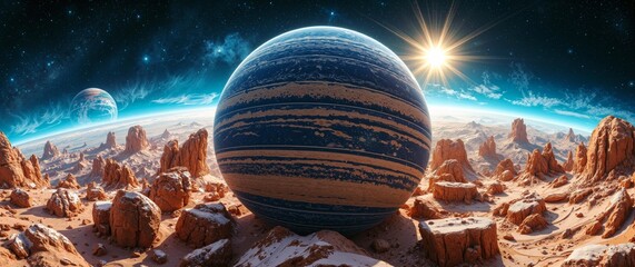 Alien Planet Landscape with Giant Gas Planet and Distant Star System