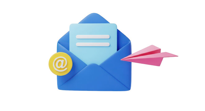 Blue open envelope with email symbol and pink paper airplane isolated on a transparent background - Powered by Adobe