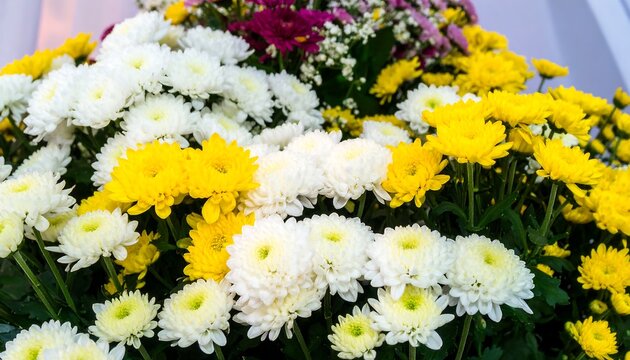 Vibrant yellow and white chrysanthemums in full bloom - Powered by Adobe
