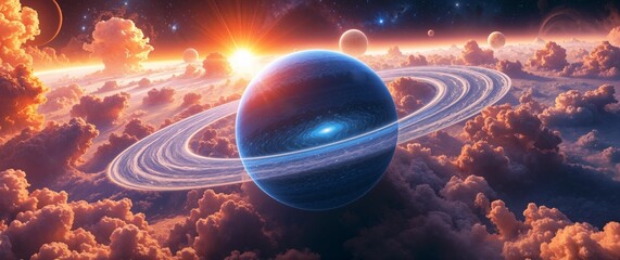 Ringed Planet Above Cloudy Sky - Space Art Landscape Illustration