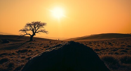 Desert Sunset Silhouette: Lone Tree and Rolling Hills Landscape