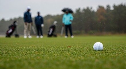 Golf Game in the Rain: A close-up shot features a golf ball resting on meticulously manicured green. The rain is falling, and golfers are in the background.