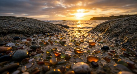 Obraz premium Sunset Over Glass Beach: A captivating shot of colorful sea glass scattered across a rocky beach, leading towards the sun as it sets over the water, creating a serene atmosphere and a sense of calm.