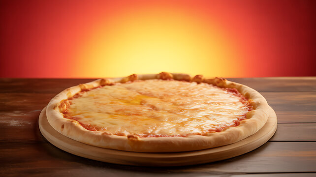 A freshly baked cheese pizza on a wooden board with a warm, glowing background