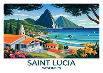 Saint Lucia, West Indies Flat Retro Poster illustration, Landscape Travel Wall Art, Vintage High quality prints