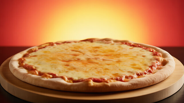 A freshly baked cheese pizza on a wooden serving board with a warm, glowing background.