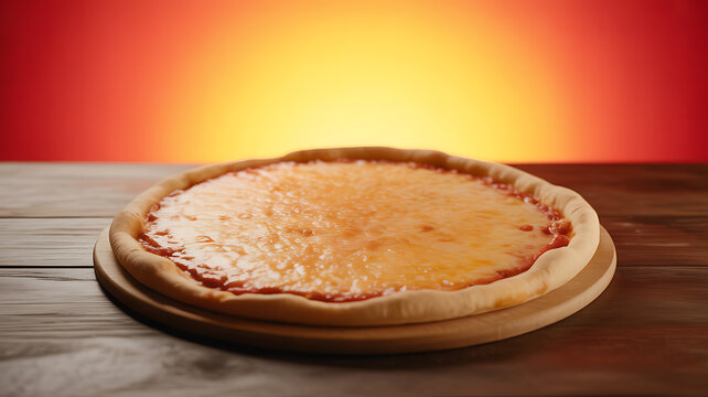 A freshly baked cheese pizza on a wooden board with a warm, gradient background