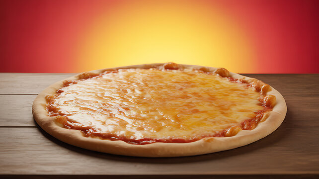 Cheese pizza on wooden table with warm background
