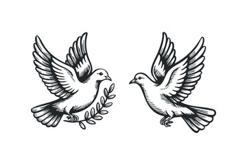 Obraz premium Two Doves Flying with Olive Branch Symbol. Vector hand drawn illustration