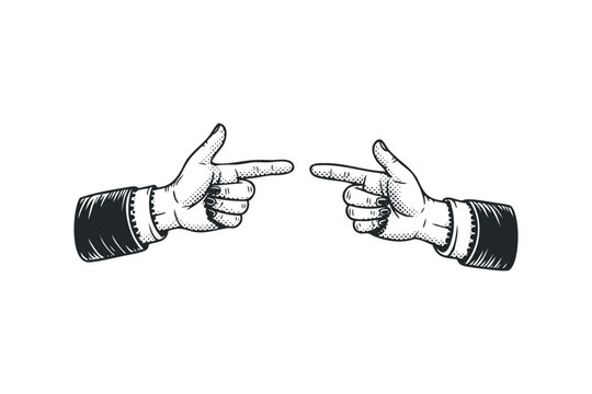 Two hands pointing fingers at each other with textured sleeves. Vector hand drawn illustration