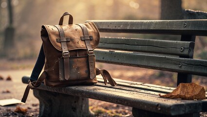 Vintage Leather Backpack on Park Bench, Autumn Season