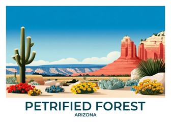 Petrified Forest National Park, Arizona Flat Retro Poster illustration, Landscape Travel Wall Art, Vintage High quality prints