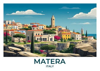 Matera, Italy Flat Retro Poster illustration, Landscape Travel Wall Art, Vintage High quality prints