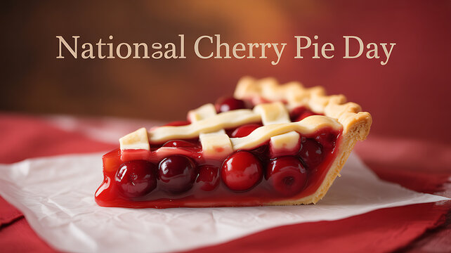 A slice of cherry pie with a lattice crust on parchment paper, celebrating National Cherry Pie Day