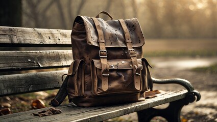 Rustic Leather Backpack on Park Bench in Autumn Sunlight