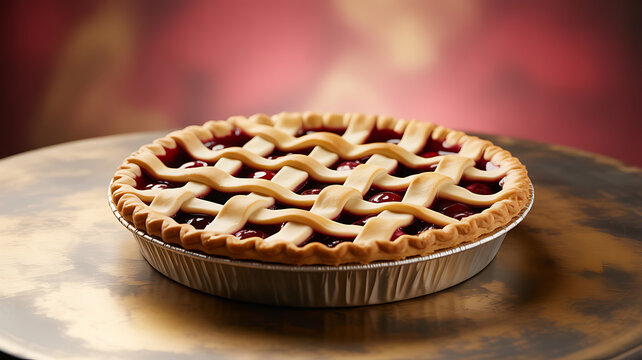 A freshly baked cherry pie with a lattice crust presented on a metallic surface against a warm, blurred background.