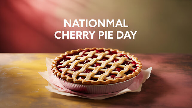 A freshly baked cherry pie with a lattice crust displayed on a table for National Cherry Pie Day