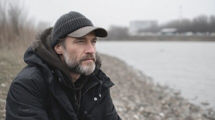 Thoughtful Man with Snow Covered Beard in Winter Outfit Seated Beside Lake on Overcast Day