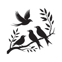 Minimalist Bird Silhouette Illustration. Bird Silhouettes Perched on Branch with Flying Bird