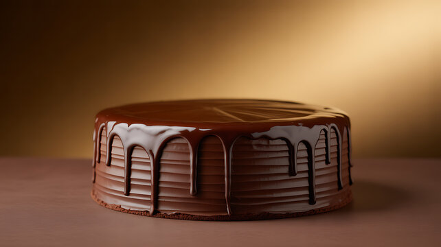 Chocolate cake with glossy ganache drip on a warm background