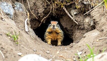 Ground squirrel peering from burrow entrance in dirt