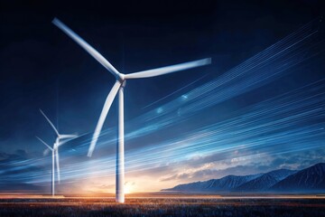 Three wind turbines stand tall against a dramatic twilight sky, illuminated by streaks of light from moving vehicles, creating a powerful image of sustainable energy.