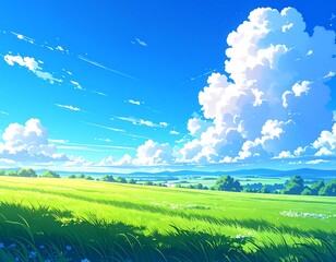 Obraz premium A vibrant, stylized landscape of a sunny meadow