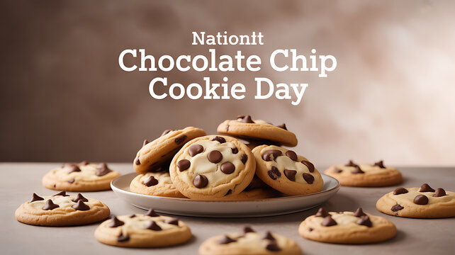 Freshly baked chocolate chip cookies arranged on a plate and table, celebrating National Chocolate Chip Cookie Day