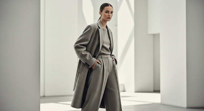 Portrait of a confident and elegant woman in a stylish grey monochromatic outfit posing in a modern, minimalist architectural space