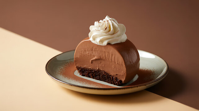 A slice of chocolate mousse cake with whipped cream on a ceramic plate