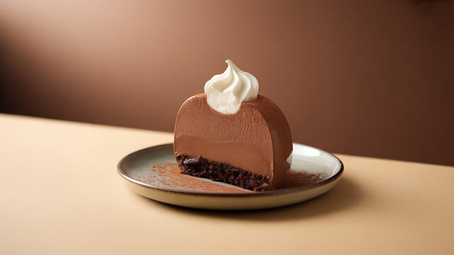 A slice of chocolate mousse cake with whipped cream on a plate