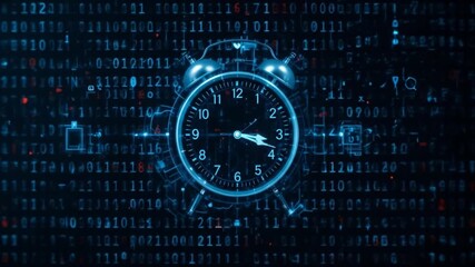 Digital Time Concept Clock Icon on Binary Code Background, Future and Deadline. 4k video - Powered by Adobe