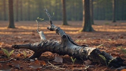 Fototapeta premium Fallen Tree Limb with Budding Leaves in a Pine Forest at Sunrise