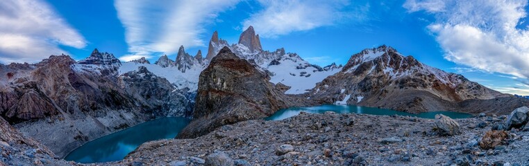 Monte Fitz Roy high resolution wide angle panoramic landscape mountain summit in Argentinian Patagonia. Iconic landscape of El Chalten famous hike in South America, Argentina