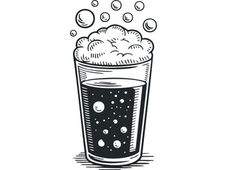 Hand-drawn refreshing soda pop in a tall glass with bubbles. Vector hand drawn illustration