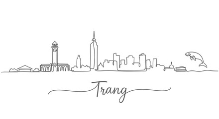 Obraz premium Trang Skyline One Line Drawing with Dugong Illustration
