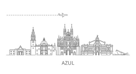 Fototapeta premium Minimalist Azul Cityscape Skyline with Airplane