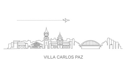 Obraz premium Villa Carlos Paz Skyline with Airplane and Bridge Icon