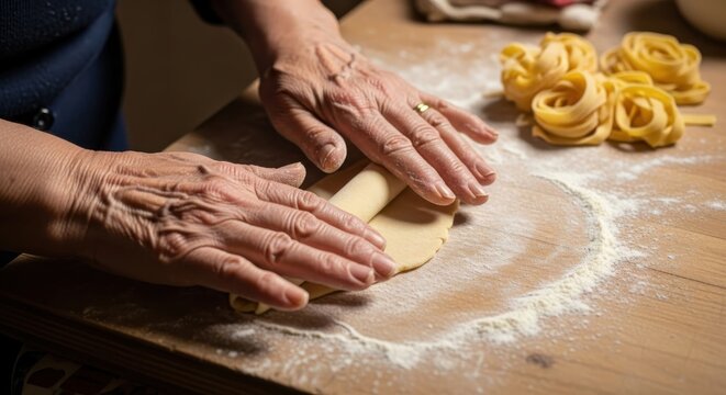 Expert hands shaping pasta dough into delicate pasta roses on floured wood surface