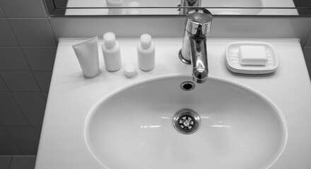 Fototapeta premium Minimalist Bathroom Sink Arrangement: Clean, Modern, Black and White Composition.