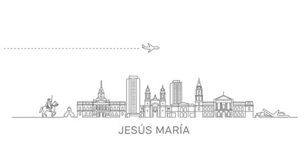 Naklejka premium Jesus Maria skyline outline with airplane and horse rider