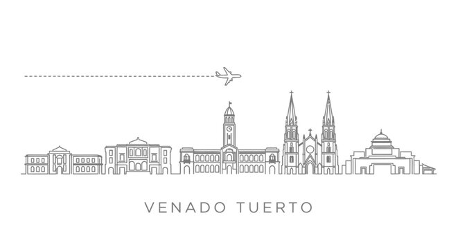 Venado Tuerto Skyline Line Art with Airplane