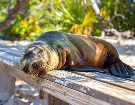 Sleepy Seal Resting on Wooden Dock