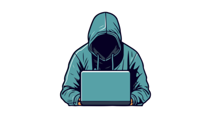 A hooded figure, unseen, is seated at a laptop, suggesting a hacker or someone engaged in online activity.